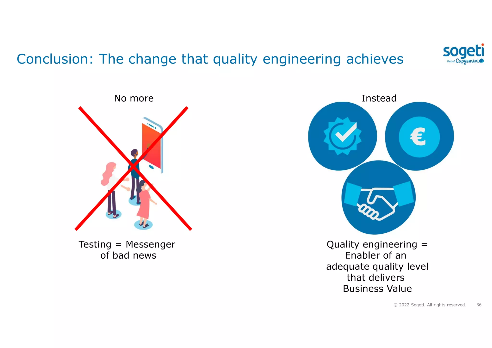 36
© 2022 Sogeti. All rights reserved.
Conclusion: The change that quality engineering achieves
Testing = Messenger
of bad news
Quality engineering =
Enabler of an
adequate quality level
that delivers
Business Value
No more Instead
 