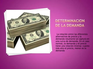 DETERMINACION DE LA DEMANDA. La relación entre las diferentes alternativas de precio y la demanda resultante se captura en una curva de demanda. En el caso normal, la demanda y el precio tiene una relación inversa: cuanto más alto el precio, menor es la demanda