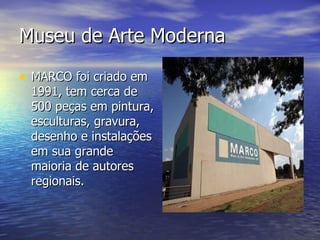 Museu de Arte Moderna  MARCO foi criado em 1991, tem cerca de 500 peças em pintura, esculturas, gravura, desenho e instalações em sua grande maioria de autores regionais.  