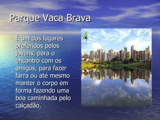 Parque Vaca Brava É um dos lugares preferidos pelos jovens, para o encontro com os amigos, para fazer farra ou até mesmo manter o corpo em forma fazendo uma boa caminhada pelo calçadão.  