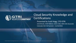 © 2016 Global Technology Resources, Inc. All Rights Reserved. Contents may contain confidential information and are not to be copied.
Cloud Security Knowledge and
Certifications
Presented by Scott Hogg, CTO GTRI
CCIE #5133, CISSP #4610, CCSP, CCSK, AWS CSA-Associate
Colorado CSA Fall Summit – 11/10/2016
 