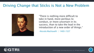 © 2016 Global Technology Resources, Inc. All Rights Reserved.
5
Driving Change that Sticks is Not a New Problem
“There is nothing more difficult to
take in hand, more perilous to
conduct, or more uncertain in its
success, than to take the lead in the
introduction of a new order of things.”
-Niccolo Machiavelli | 1469-1527
 