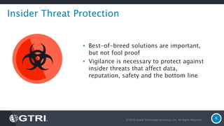 © 2016 Global Technology Resources, Inc. All Rights Reserved.
6
Insider Threat Protection
• Best-of-breed solutions are important,
but not fool proof
• Vigilance is necessary to protect against
insider threats that affect data,
reputation, safety and the bottom line
 