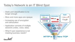Today’s Network is an IT Blind Spot
• Static port classification is no
longer enough
• More and more apps are opaque
• Increasing use of encryption
and obfuscation
• Application consists of multiple
sessions (video, voice, data)
• What if user experience is not
meeting business needs?
33
 