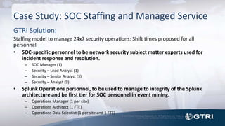 © 2015 Global Technology Resources, Inc. All Rights Reserved. Contents
herein contain confidential information not to be copied.
Case Study: SOC Staffing and Managed Service
GTRI Solution:
Staffing model to manage 24x7 security operations: Shift times proposed for all
personnel
• SOC-specific personnel to be network security subject matter experts used for
incident response and resolution.
– SOC Manager (1)
– Security – Lead Analyst (1)
– Security – Senior Analyst (3)
– Security – Analyst (9)
• Splunk Operations personnel, to be used to manage to integrity of the Splunk
architecture and be first tier for SOC personnel in event mining.
– Operations Manager (1 per site)
– Operations Architect (1 FTE)
– Operations Data Scientist (1 per site and 1 FTE)
 