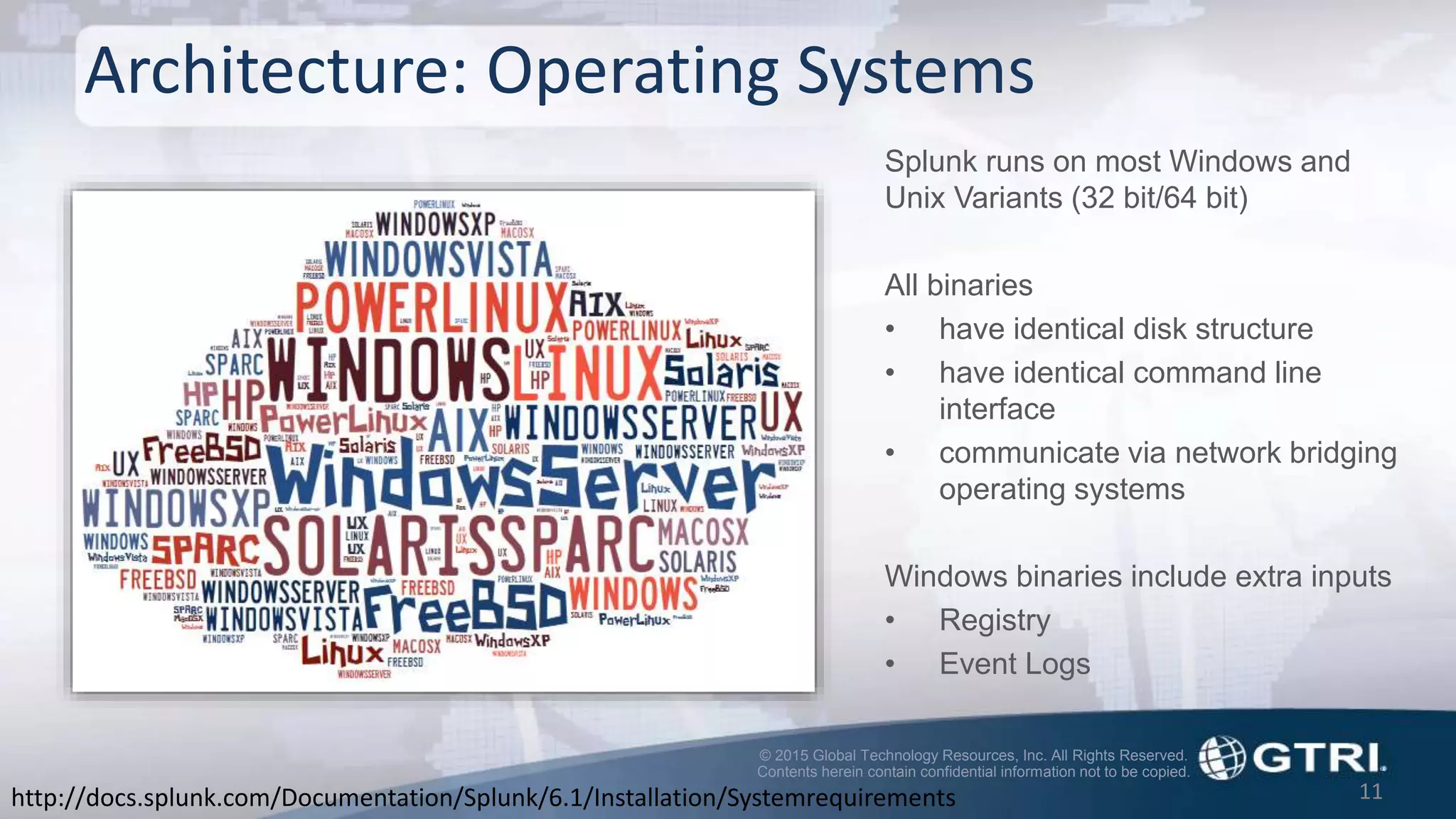 © 2015 Global Technology Resources, Inc. All Rights Reserved.
Contents herein contain confidential information not to be copied.
Architecture: Operating Systems
Splunk runs on most Windows and
Unix Variants (32 bit/64 bit)
All binaries
• have identical disk structure
• have identical command line
interface
• communicate via network bridging
operating systems
Windows binaries include extra inputs
• Registry
• Event Logs
11http://docs.splunk.com/Documentation/Splunk/6.1/Installation/Systemrequirements
 