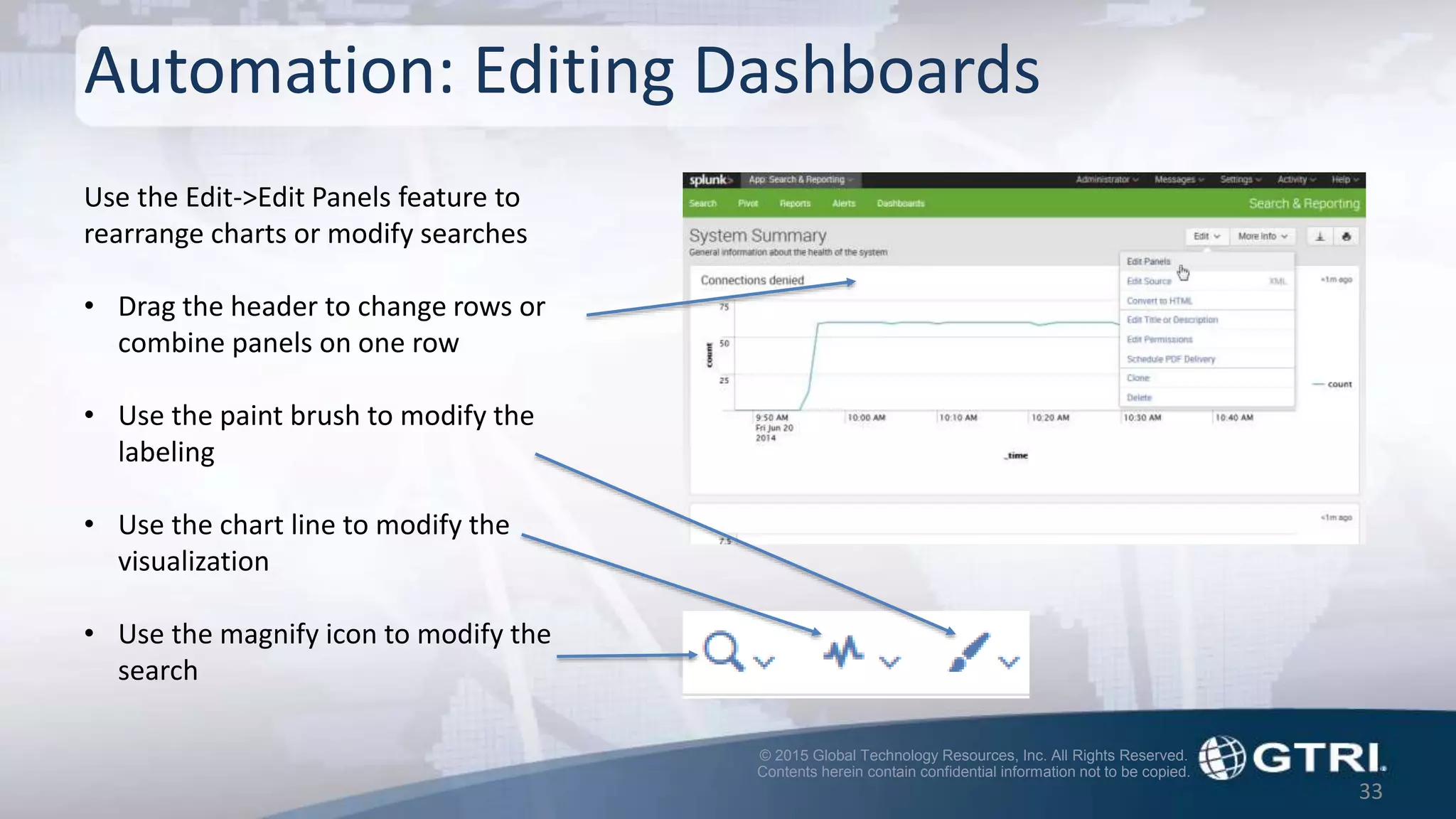 © 2015 Global Technology Resources, Inc. All Rights Reserved.
Contents herein contain confidential information not to be copied.
Automation: Editing Dashboards
33
Use the Edit->Edit Panels feature to
rearrange charts or modify searches
• Drag the header to change rows or
combine panels on one row
• Use the paint brush to modify the
labeling
• Use the chart line to modify the
visualization
• Use the magnify icon to modify the
search
 