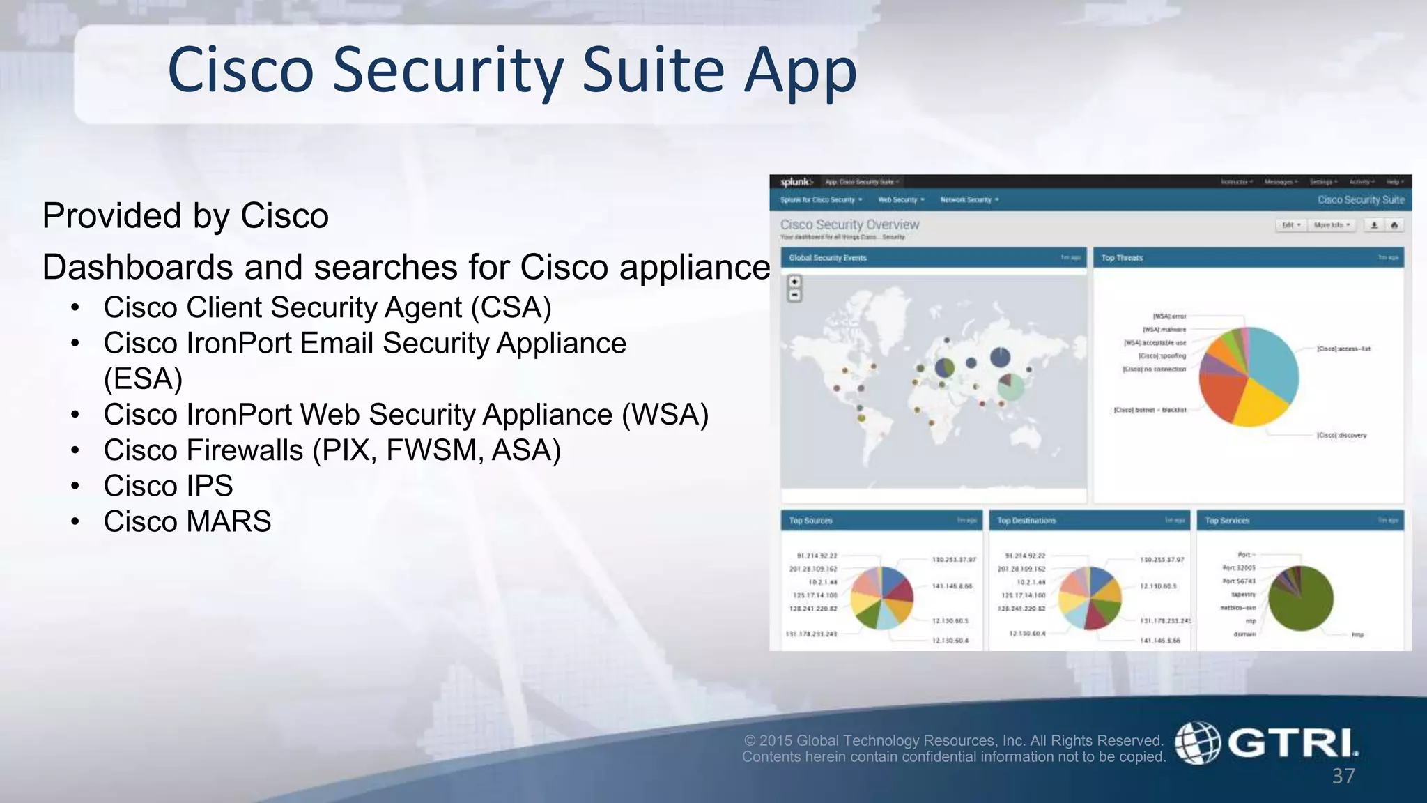 © 2015 Global Technology Resources, Inc. All Rights Reserved.
Contents herein contain confidential information not to be copied.
37
Cisco Security Suite App
Provided by Cisco
Dashboards and searches for Cisco appliance data
• Cisco Client Security Agent (CSA)
• Cisco IronPort Email Security Appliance
(ESA)
• Cisco IronPort Web Security Appliance (WSA)
• Cisco Firewalls (PIX, FWSM, ASA)
• Cisco IPS
• Cisco MARS
 