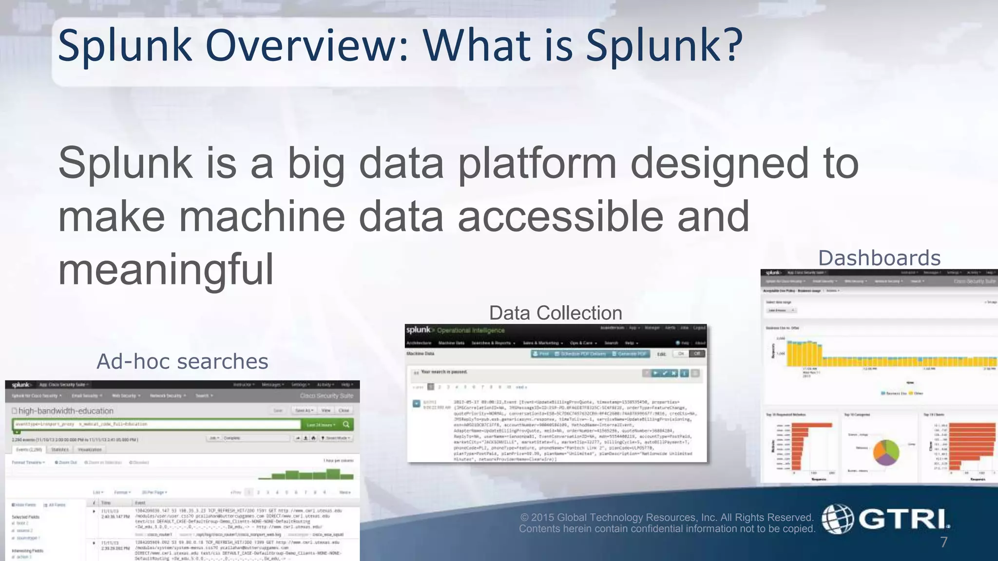 © 2015 Global Technology Resources, Inc. All Rights Reserved.
Contents herein contain confidential information not to be copied.
Splunk Overview: What is Splunk?
Splunk is a big data platform designed to
make machine data accessible and
meaningful
7
Data Collection
Ad-hoc searches
Dashboards
 