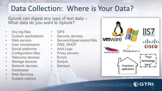 © 2015 Global Technology Resources, Inc. All Rights Reserved.
Contents herein contain confidential information not to be copied.
15
Data Collection: Where is Your Data?
• Any log files
• Custom applications
• Web servers
• User clickstreams
• Social platforms
• Configuration files
• Telecoms devices
• Storage devices
• Network devices
• Databases
• Web Services
• System metrics
Splunk can digest any type of text data –
What data do you want to Splunk?
• GPS
• Security devices
• Servers/Hypervisors/VMs
• DNS, DHCP
• AAA Logs
• Proxy servers
• Errors
• Scripts
• Sensors
• …
 