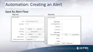 © 2015 Global Technology Resources, Inc. All Rights Reserved.
Contents herein contain confidential information not to be copied.
Automation: Creating an Alert
30
Step one Step two
Save As Alert Flow
 