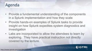 © 2015 Global Technology Resources, Inc. All Rights Reserved.
Contents herein contain confidential information not to be copied.
Agenda
• Provide a fundamental understanding of the components
in a Splunk implementation and how they scale
• Provide hands-on examples of Splunk tasks to provide
insight on how Splunk expedites system diagnostics and
investigation
• Labs are incorporated to allow the attendees to learn by
exploring. They have practical instruction not directly
covered by the lecture.
5http://www.splunk.com/view/SP-CAAAH9Q
 