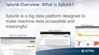 © 2015 Global Technology Resources, Inc. All Rights Reserved.
Contents herein contain confidential information not to be copied.
Splunk Overview: What is Splunk?
Splunk is a big data platform designed to
make machine data accessible and
meaningful
7
Data Collection
Ad-hoc searches
Dashboards
 