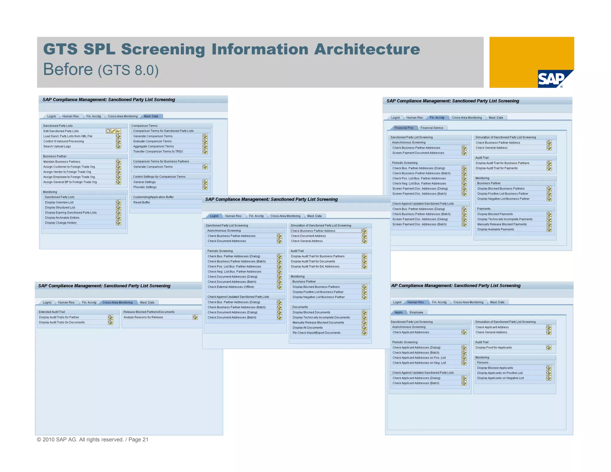 GTS SPL Screening Information Architecture
  Before (GTS 8.0)




© 2010 SAP AG. All rights reserved. / Page 21
 