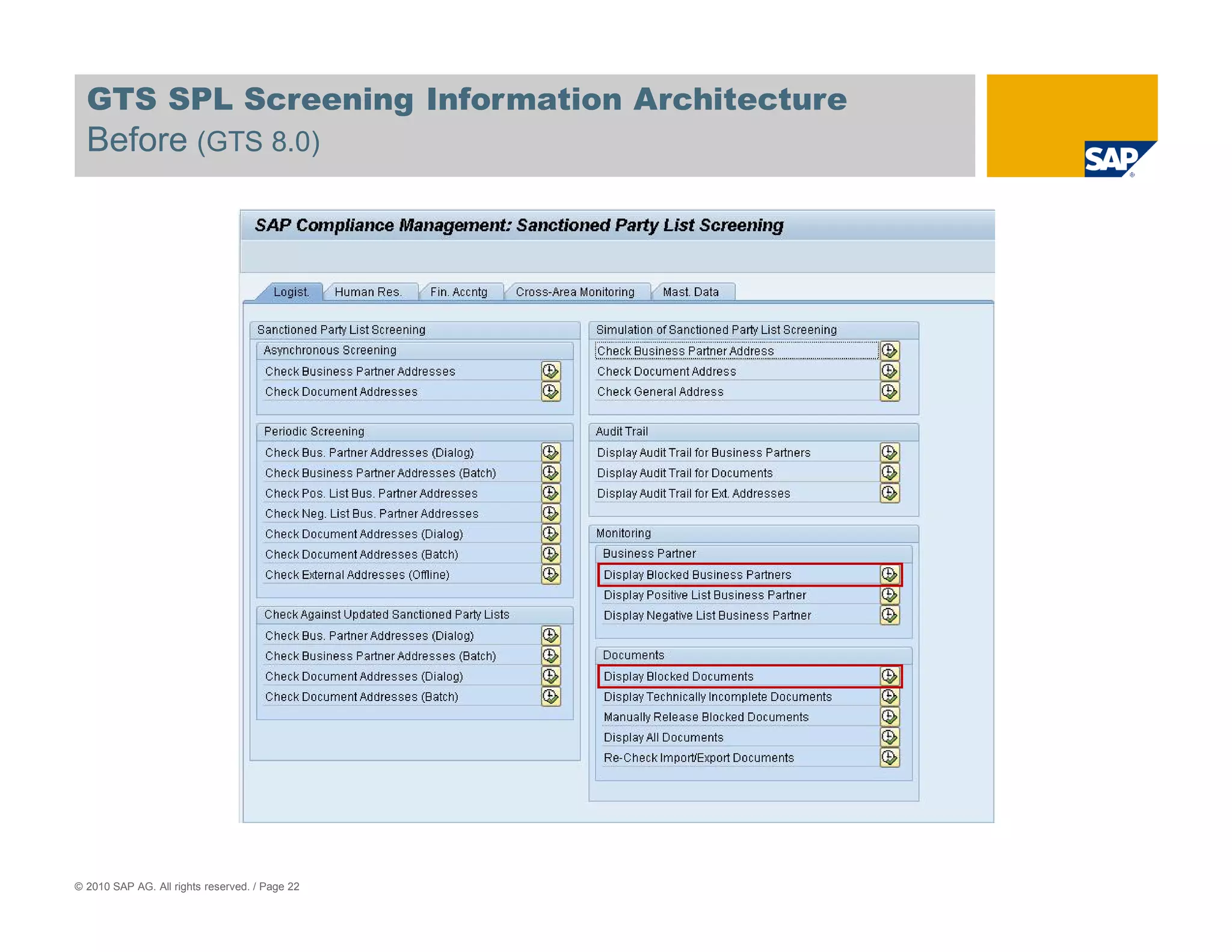 GTS SPL Screening Information Architecture
  Before (GTS 8.0)




© 2010 SAP AG. All rights reserved. / Page 22
 