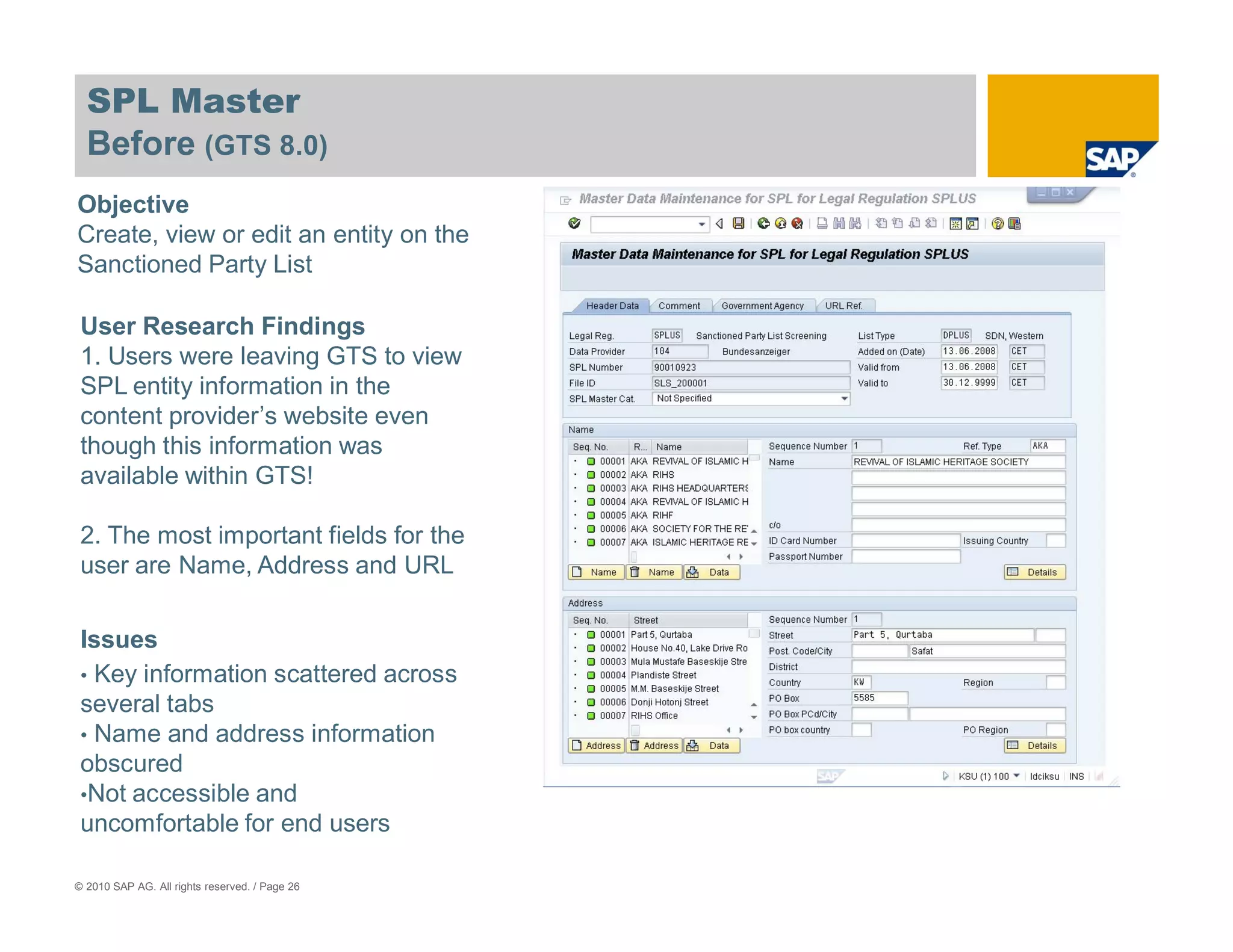 SPL Master
  Before (GTS 8.0)
Objective
Create, view or edit an entity on the
Sanctioned Party List

 User Research Findings
 1. Users were leaving GTS to view
 SPL entity information in the
 content provider’s website even
 though this information was
 available within GTS!

 2. The most important fields for the
 user are Name, Address and URL

 Issues
 • Key information scattered across
 several tabs
 • Name and address information
 obscured
 •Not accessible and
 uncomfortable for end users

© 2010 SAP AG. All rights reserved. / Page 26
 