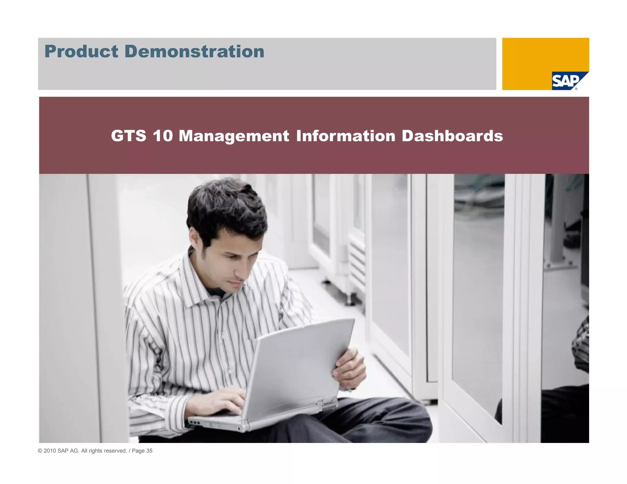 Product Demonstration



                            GTS 10 Management Information Dashboards




© 2010 SAP AG. All rights reserved. / Page 35
 