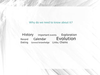 Why do we need to know about it? 
History Important events Exploration 
Record Calendar Evolution 
Dating General knowledge Links; Chains 
 