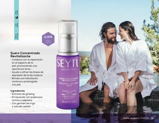 Suero Concentrado
Revitalizante
•	 Colabora con la reparación
en el aspecto de la
piel, promoviendo una
apariencia tersa
•	 Ayuda a afinar las líneas de
expresión de la tez madura
•	 Brinda una hidratación
continua y prolongada
a la piel
Ingredientes
•	 Extracto de ginseng
•	 Enriquecido con poderosos
activos y péptidos
•	 Con germen de trigo
y cola de caballo
Crema de Cuidado Intensivo
para Contorno de Ojos
•	 Mejora la elasticidad
y la flexibilidad de la piel
•	 Fórmula que revitaliza y suaviza la piel
del contorno de los ojos
•	 Hidrata y tonifica la piel
Ingredientes
•	 Hialuronato de sodio y ubiquinona
•	 Vitamina E
•	 Enriquecido con aceite de jojoba
Uso
diario
14.2g
(0.5oz)
Díay
noche
Uso
diario
30ml
(1floz)
Díay
noche
18 19Cutis maduro | FACIALFACIAL | Cutis maduro
Q 245
Precio
sugerido
Q 375
Precio
sugerido
 