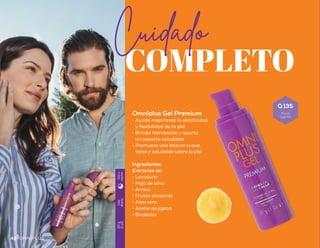 profunda
Bálsamo Labial
Omniplus FPS 15
•	 Protege de los rayos
UVA y UVB
•	 Ayuda a regenerar
visiblemente los labios
•	 Fórmula hidratante de
textura suave y cremosa
Ingredientes
•	 Aceite de coco
•	 Manteca de murumuru
y karité
•	 Delicioso aroma a fresa
COMPLETO
Cuidado REPARACIÓN
Uso
diario
8g
(0.28oz)
Díay
noche
Uso
diario
30g
(1oz)
Díay
noche
Omniplus Gel Premium
•	 Ayuda mejorando la elasticidad
y flexibilidad de la piel
•	 Brinda hidratación y aporta
un aspecto saludable
•	 Promueve una textura suave,
tersa y saludable sobre la piel
Ingredientes
Extractos de:
•	 Levadura
•	 Hoja de olivo
•	 Árnica
•	 Frutas silvestres
•	 Aloe vera
•	 Aceite de jojoba
•	 Bisabolol
próximamente
42 43OMNIPLUS OMNIPLUS
Q 135
Precio
sugerido
 