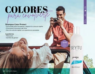 8/00
Rubio
Claro
6/7
Moka
6/00
Rubio
Oscuro
5/00
Castaño
Claro
1/00
Negro
Natural
3/00
Castaño
Oscuro
6/66
Rojo
Intenso
Tinte Semi-Permanente sin Amoniaco
•	 Formulado 100% libre de amoniaco
•	 Acondiciona, hidrata y da flexibilidad
•	 Brinda una cobertura natural sin dañar
las fibras capilares
Ingredientes
•	 Queratina hidrolizada
•	 Aceite de maíz
•	 Flor de loto
60ml
(3fl.oz)
Díay
noche
Uso
diario
300ml
(10fl.oz)
Díay
noche
Shampoo Color Protect
•	 Formulado para fortalecer y reparar la cutícula capilar
•	 Promueve la duración del tinte
•	 Da a la cutícula capilar una apariencia saludable
Ingredientes
•	 Melocotón
•	 Semilla de girasol
Color | CAPILARCAPILAR | Color50 5150
Q 177
Precio
sugerido
Q 150
Precio
sugerido
 