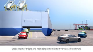 Globe	
  Tracker	
  tracks	
  and	
  monitors	
  roll	
  on	
  roll	
  oﬀ	
  vehicles	
  in	
  terminals.	
  
 