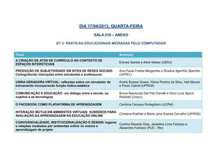 DIA 17/04/2013, QUARTA-FEIRA

                                               SALA 210 – ANEXO

                        GT 2: PRÁTICAS EDUCACIONAIS MEDIADAS PELO COMPUTADOR


Título                                                        Autor(es)
A CRIAÇÃO DE ATOS DE CURRÍCULO NO CONTEXTO DE
                                                              Edméa Santos e Aline Weber (UERJ)
ESPAÇOS INTERSTICIAIS

PRODUÇÃO DE SUBJETIVIDADE EM SITES DE REDES SOCIAIS:          Ana Paula Freitas Margarites e Rosária Ilgenfritz Sperotto
Cartografando interações entre estudantes e professores       (UFPEL)

USINA GERADORA VIRTUAL: reflexões sobre um simulador de       André Soares Grassi, Flávia Pereira da Silva, Heli Meurer
treinamento incorporando função lúdico-estética               e Paulo Cabral (UFRGS)

COMUNICAÇÃO E EDUCAÇÃO: um diálogo entre a escola, os         Bruna Aparecida Dal Piáz Danelli e Vera Lucia Spacil
sujeitos e as tecnologias                                     Raddatz (Unijuí)

O FACEBOOK COMO PLATAFORMA DE APRENDIZAGEM                    Carolina Campos Rodeghiero (UCPel)

INTERAÇÃO MÚTUA EM AMBIENTES VIRTUAIS: SUBSÍDIOS PARA
                                                      Cristiane Koehler e Marie Jane Soares Carvalho (UFRGS)
AVALIAÇÃO DA APRENDIZAGEM NA EDUCAÇÃO ONLINE

CONVIVENCIALIDADE, INSTITUCIONALIZAÇÃO E DESIGN: lugares
                                                         Cynthia Macedo Dias, Jackeline Lima Farbiarz e
e relações mediados por ambientes online no ensino e
                                                         Alexandre Farbiarz (PUC - Rio)
aprendizagem de projeto
 