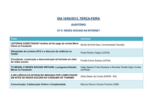 DIA 16/04/2013, TERÇA-FEIRA

                                                AUDITÓRIO 2 - Fabico

                                         GT 6: REDES SOCIAIS NA INTERNET


Título                                                        Autor(es)

LEITORAS CONECTADAS? Análise da fan page da revista Marie
                                                          Nicole Schmitt Dias ( Universidade Feevale)
Claire no Facebook

Olimpíadas de Londres 2012 e o discurso da violência no
                                                              Paula Rickes Viegas (UCPel)
Twitter

(Face)book: construção e desconstrução da fachada em sites
                                                              Pricilla Farina Soares (UCPel)
de redes sociais

TV BRASIL E REDES SOCIAIS VIRTUAIS: o programa Estúdio        Helen Beatriz Frota Rozados e Rochele Tonello Zago Corrêa
Móvel no Facebook                                             (UFRGS)

A INFLUÊNCIA DA INTERAÇÃO MEDIADA POR COMPUTADOR
                                                              Sofia Gelain da Cunha (ESPM - RS)
EM SITES DE REDES SOCIAIS NO CONSUMO DE TURISMO

Comunicação, Colaboração Online e Complexidade                Marcos Ramon Gomes Ferreira (UNB)
 