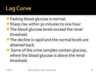 Fasting blood glucose is normal. 
Sharp rise within 30 minutes to one hour 
The blood glucose levels exceed the renal 
threshold. 
The decline is rapid and the normal levels are 
attained back. 
 Some of the urine samples contain glucose, 
where the blood glucose is above the renal 
threshold. 
11/05/14 Biochemistry for medics- Lecture notes 25 
 