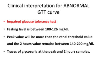 Clinical interpretation for ABNORMAL
GTT curve
• Impaired glucose tolerance test
• Fasting level is between 100-126 mg/dl.
• Peak value will be more than the renal threshold value
and the 2 hours value remains between 140-200 mg/dl.
• Traces of glycosuria at the peak and 2 hours samples.
 