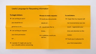 Useful Language for Requesting Information
To begin letters:
 I am writing to ask if
you would be so
generous as to …
 I am writing to request
your kind permission
for …
 I wonder if I might ask you for
your valuable advice concerning
…
Phrases to make requests:
 Could you also provide
details of…
 I would also like to
know…
 In addition, could you
tell me…
To end letters:
 I hope that my request will
not inconvenience you too
much. I appreciate your
time and attention to this
matter.
 Thank you in advance for
your kind cooperation.
 
