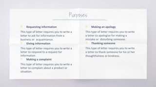 ▧ Requesting information
This type of letter requires you to write a
letter to ask for information from a
business or acquaintance.
▧ Giving information
This type of letter requires you to write a
letter to respond to a request for
information.
▧ Making a complaint
This type of letter requires you to write a
letter to complain about a product or
situation.
Purposes
▧ Making an apology
This type of letter requires you to write
a letter to apologise for making a
mistake or disturbing someone.
▧ Thanking someone
This type of letter requires you to write
a letter to thank someone for his or her
thoughtfulness or kindness.
 
