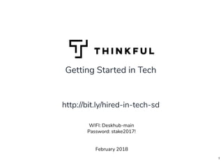 Getting Started in Tech
February 2018
WIFI: Deskhub-main
Password: stake2017!
http://bit.ly/hired-in-tech-sd
1
 