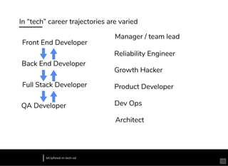 In “tech” career trajectories are varied
bit.ly/hired-in-tech-sd
Front End Developer
Back End Developer
Full Stack Developer
QA Developer
Manager / team lead
Reliability Engineer
Growth Hacker
13
Product Developer
Dev Ops
Architect
 