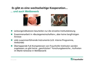 Es gibt es eine wechselseitige Kooperation...
... und auch Wettbewerb




 Leistungsindikatoren beurteilen nur die einzelne Institutsleistung
 Zusammenarbeit in »Beutegemeinschaften«, aber keine langfristigen
  Anreize
 viele zusammenführende Instrumente (z.B. interne Programme,
  Verbünde)
 Überlappende FuE-Kompetenzen von Fraunhofer-Instituten werden
  zugelassen; es gibt keine „geschützten“ Forschungsbereiche ; Auftreten
  im Markt teilweise in Wettbewerb



© Fraunhofer
 
