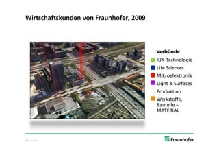 Wirtschaftskunden von Fraunhofer, 2009




                                         Verbünde
                                         IUK-Technologie
                                         Life Sciences
                                         Mikroelektronik
                                         Light & Surfaces
                                         Produktion
                                         Werkstoffe,
                                         Bauteile –
                                         MATERIAL




© Fraunhofer
 