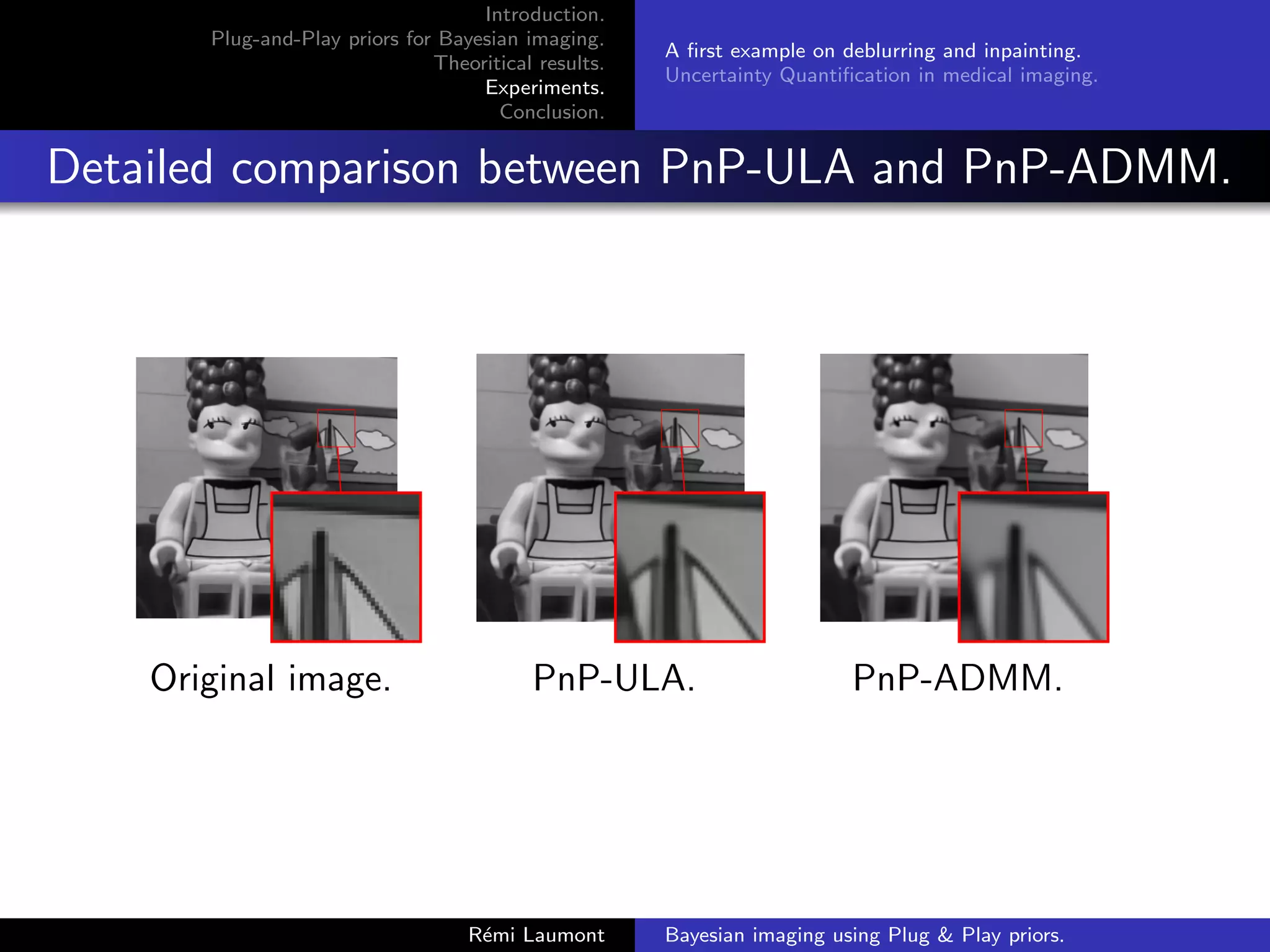 Introduction.
Plug-and-Play priors for Bayesian imaging.
Theoritical results.
Experiments.
Conclusion.
A first example on deblurring and inpainting.
Uncertainty Quantification in medical imaging.
Detailed comparison between PnP-ULA and PnP-ADMM.
Original image. PnP-ULA. PnP-ADMM.
Rémi Laumont Bayesian imaging using Plug  Play priors.
 