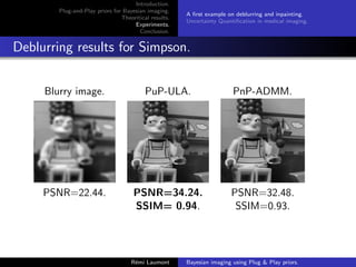 Introduction.
Plug-and-Play priors for Bayesian imaging.
Theoritical results.
Experiments.
Conclusion.
A first example on deblurring and inpainting.
Uncertainty Quantification in medical imaging.
Deblurring results for Simpson.
Blurry image. PuP-ULA. PnP-ADMM.
PSNR=22.44. PSNR=34.24. PSNR=32.48.
SSIM= 0.94. SSIM=0.93.
Rémi Laumont Bayesian imaging using Plug  Play priors.
 