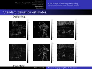 Introduction.
Plug-and-Play priors for Bayesian imaging.
Theoritical results.
Experiments.
Conclusion.
A first example on deblurring and inpainting.
Uncertainty Quantification in medical imaging.
Standard deviation estimates.
Deblurring.
Inpainting.
Rémi Laumont Bayesian imaging using Plug  Play priors.
 
