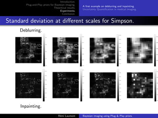 Introduction.
Plug-and-Play priors for Bayesian imaging.
Theoritical results.
Experiments.
Conclusion.
A first example on deblurring and inpainting.
Uncertainty Quantification in medical imaging.
Standard deviation at different scales for Simpson.
Deblurring.
Inpainting.
Rémi Laumont Bayesian imaging using Plug  Play priors.
 