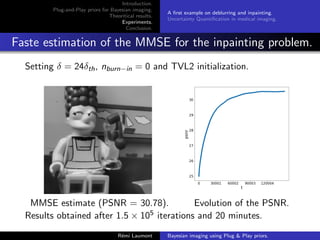 Introduction.
Plug-and-Play priors for Bayesian imaging.
Theoritical results.
Experiments.
Conclusion.
A first example on deblurring and inpainting.
Uncertainty Quantification in medical imaging.
Faste estimation of the MMSE for the inpainting problem.
Setting δ = 24δth, nburn−in = 0 and TVL2 initialization.
MMSE estimate (PSNR = 30.78). Evolution of the PSNR.
Results obtained after 1.5 × 105 iterations and 20 minutes.
Rémi Laumont Bayesian imaging using Plug  Play priors.
 