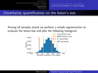 Introduction.
Plug-and-Play priors for Bayesian imaging.
Theoritical results.
Experiments.
Conclusion.
A first example on deblurring and inpainting.
Uncertainty Quantification in medical imaging.
Uncertainty quantification on the lesion’s size.
Among all samples stored we perform a simple segmentation to
evaluate the lesion’size and plot the following histogram.
Rémi Laumont Bayesian imaging using Plug  Play priors.
 