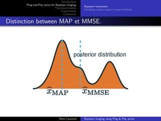 Introduction.
Plug-and-Play priors for Bayesian imaging.
Theoritical results.
Experiments.
Conclusion.
Bayesian framework.
Sampling using Langevin based methods.
Distinction between MAP et MMSE.
Rémi Laumont Bayesian imaging using Plug & Play priors.
 