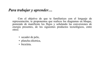 Para trabajar y aprender… Con el objetivo de que te familiarices con el lenguaje de representación, te proponemos que realices los diagramas en bloque, poniendo de manifiesto los flujos y señalando las conversiones de energía presentes, de los siguientes productos tecnológicos, entre otros: secador de pelo, plancha eléctrica, bicicleta. 