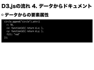 D3.jsの流れ 4. データからドキュメント
データからの要素属性
circle.append("circle").attr({
r: 10,
cx: function(d){ return d.x; },
cy: function(d){ return d.y; },
fill: "red"
});
 