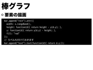 棒グラフ
要素の描画
bar.append("rect").attr({
width: x.rangeBand(),
height: function(d){ return height - y(d.y); },
y: function(d){ return y(d.y) - height; },
fill: "red"
});
// ラベルも付けておきます
bar.append("text").text(function(d){ return d.y;});
 