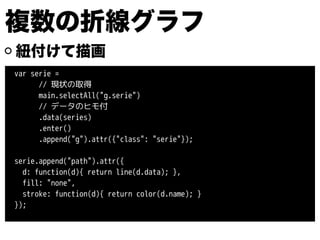紐付けて描画
var serie =
// 現状の取得
main.selectAll("g.serie")
// データのヒモ付
.data(series)
.enter()
.append("g").attr({"class": "serie"});
!
serie.append("path").attr({
d: function(d){ return line(d.data); },
fill: "none",
stroke: function(d){ return color(d.name); }
});
複数の折線グラフ
 