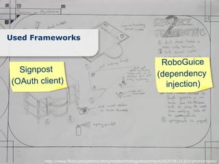 Used Frameworks


                                                                RoboGuice
  Signpost
                                                               (dependency
(OAuth client)                                                   injection)




        http://www.flickr.com/photos/designandtechnologydepartment/4029381213/in/photostream/
 
