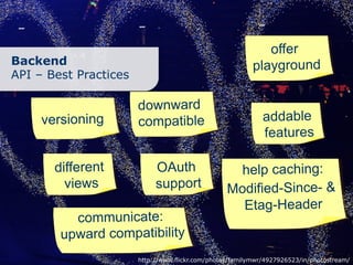 offer
Backend                                                   playground
API – Best Practices

                       downward
     versioning        compatible                            addable
                                                             features

       different            OAuth                   help caching:
         views              support               Modified-Since- &
                                                    Etag-Header
          communicate:
        upward compatibility
                       http://www.flickr.com/photos/familymwr/4927926523/in/photostream/
 