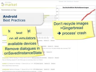 Android
Best Practices
                       Don‘t recycle images
                          >Gingerbread
   test      test
       test             è process‘ crash
   on all emulators
   on all emulators
  available devices
Remove dialogues in
onSavedInstanceState
 